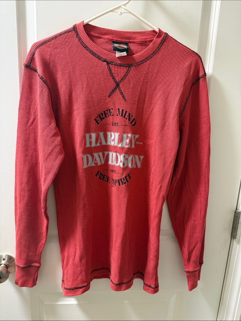 Harley-Davidson Red Crewneck Waffle Knit Long Sleeve Shirt